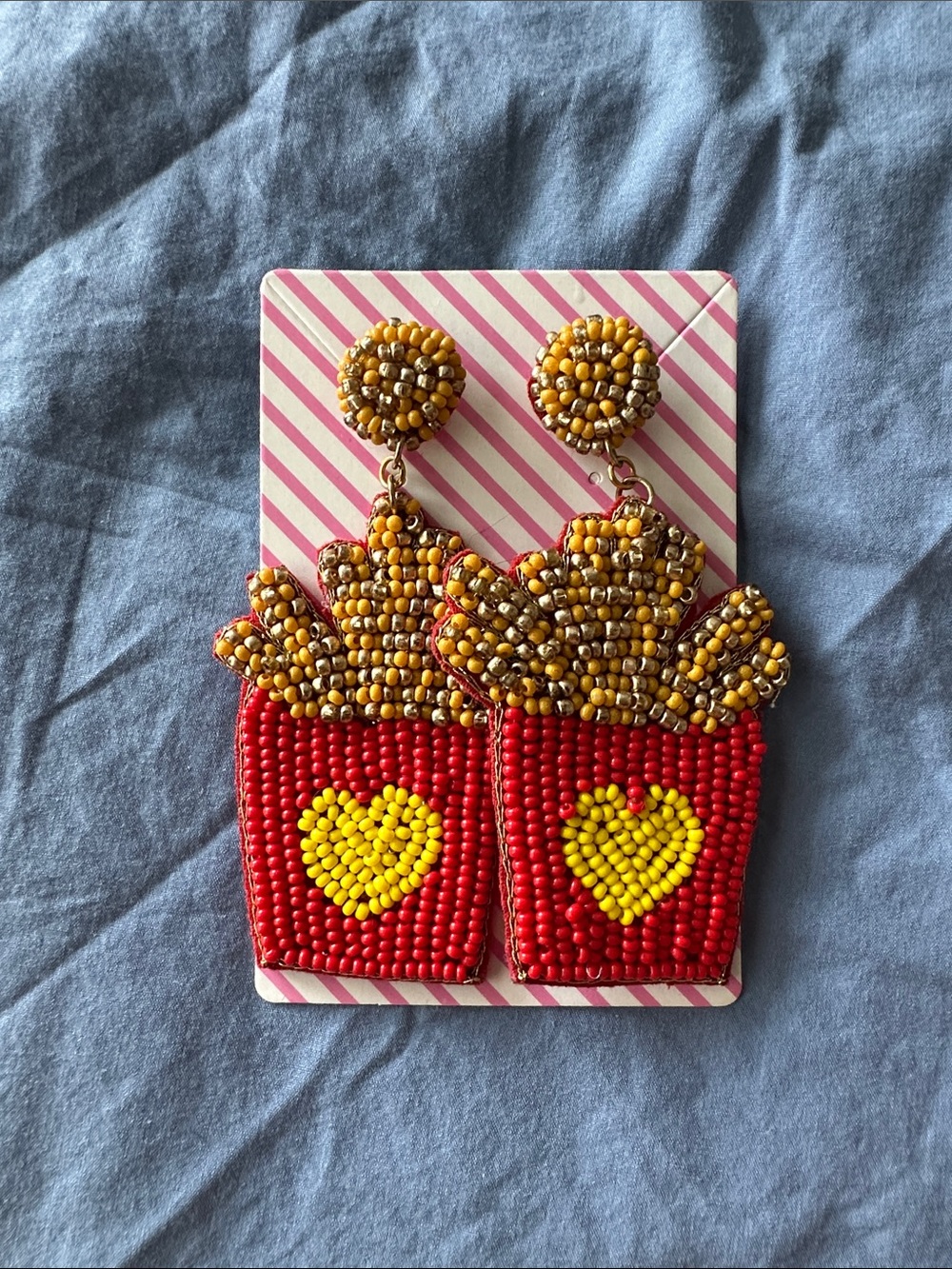 Beaded French Fries Dangle Earrings with Yellow Heart